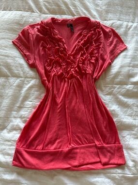 Maurices Coral Ruffle V-Neck Short Sleeve Babydoll Top